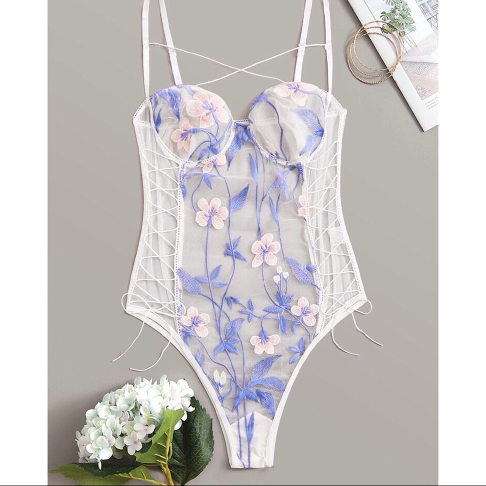 Floral embroidered lace up sheer body suit